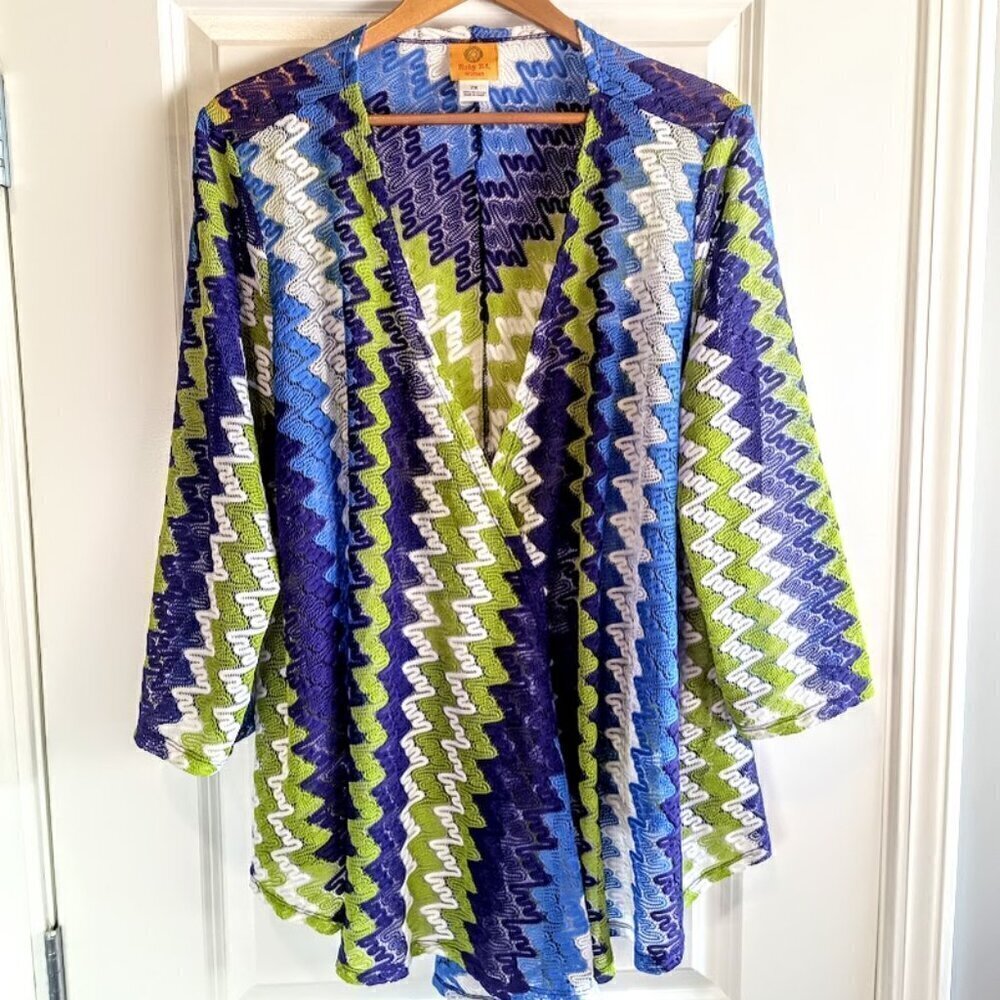 Ruby Rd. Blue Green Mesh Open Flyaway Cardigan Sweater 2X - Picture 2 of 5